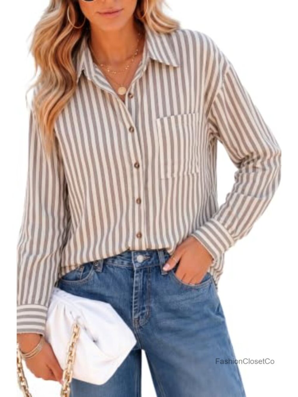 Striped Button Down Long Sleeve Blouse Collared Chest Pocket